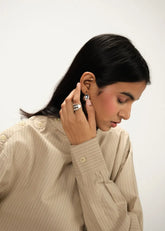 A Model Wearing Beige Linen Beige Linen Striped Band Collar Top, curated by Only Ethikal